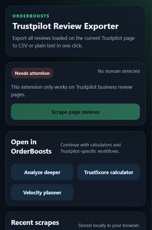 Trustpilot Review Exporter extension popup showing exported reviews