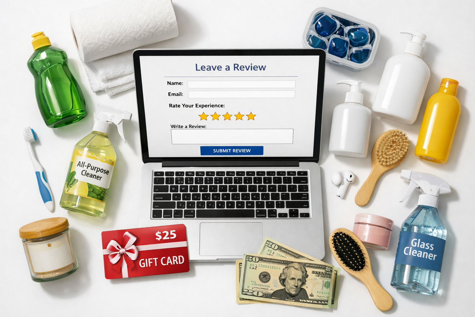 Laptop with Leave a Review form surrounded by household products, gift card, and cash
