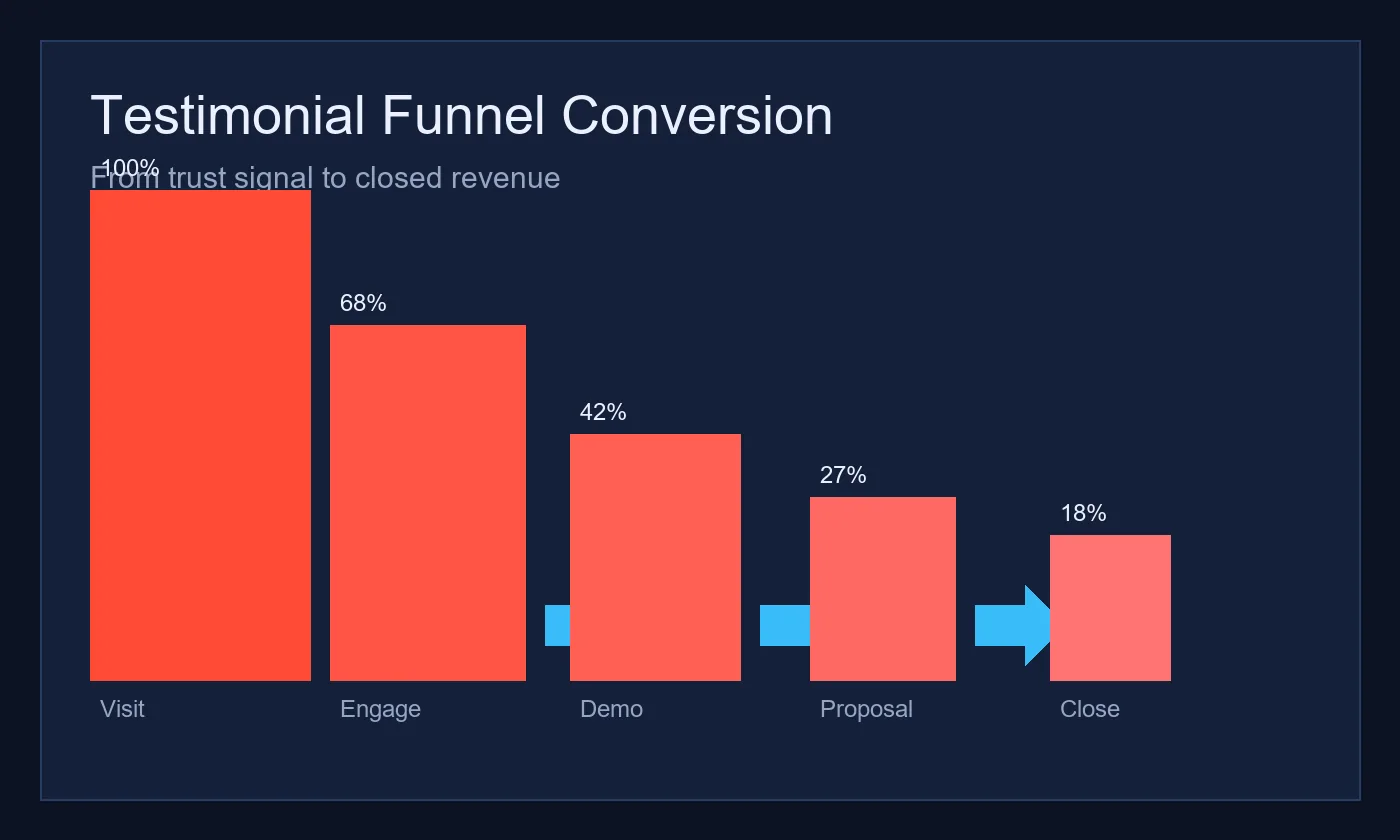 Funnel conversion chart showing lifts in click-through, demo requests, and closed deals after adding customer testimonials