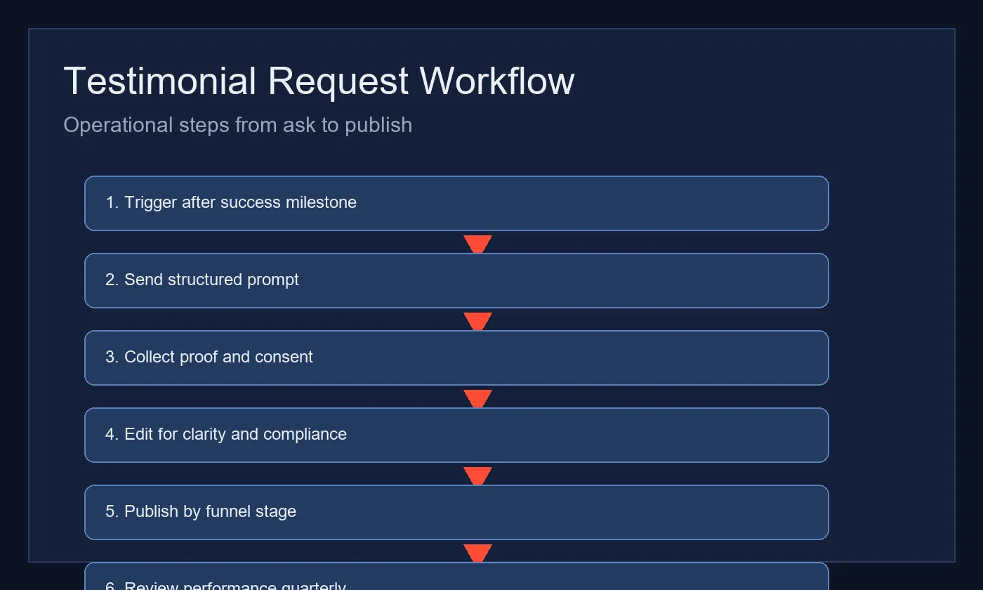 Workflow infographic showing stages from testimonial request outreach to approval, publishing, and quarterly refresh cycles