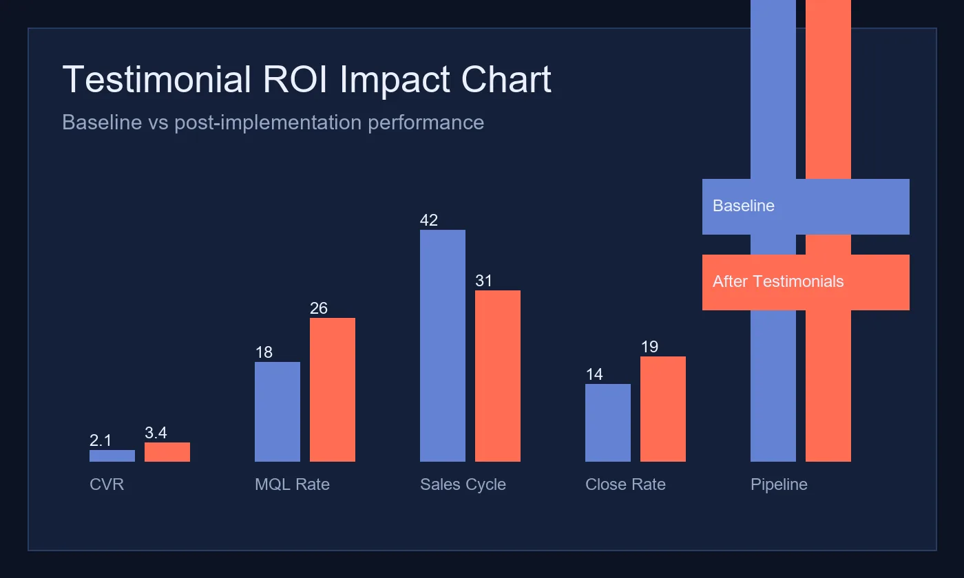 ROI impact chart comparing baseline and post-testimonial performance for conversion rate, pipeline velocity, and close rate