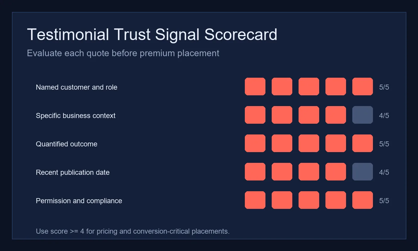 Trust signal scorecard comparing testimonial specificity, source credibility, and business relevance across customer quotes