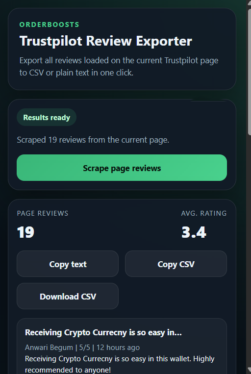Trustpilot Review Exporter results screen after extraction showing page review count, average rating, and export actions
